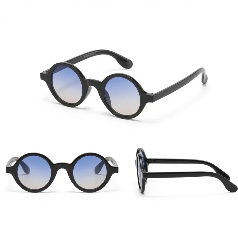 Mens Black Round Sunglasses Blue Lens Retro Vintage Circle Hip Hop Shades Classy